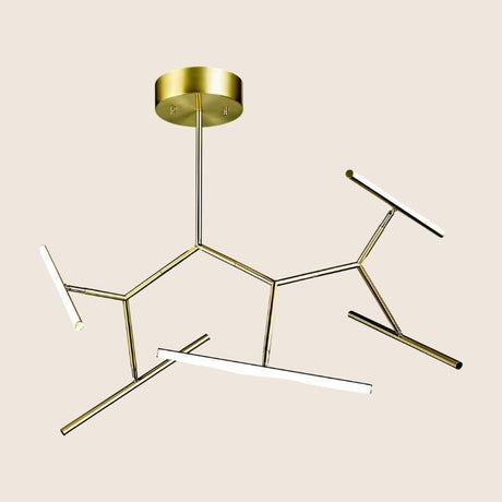 "Chandelier in gold with sleek angular arms and integrated LED lights, offering an elegant, minimalist lighting solution for modern spaces."