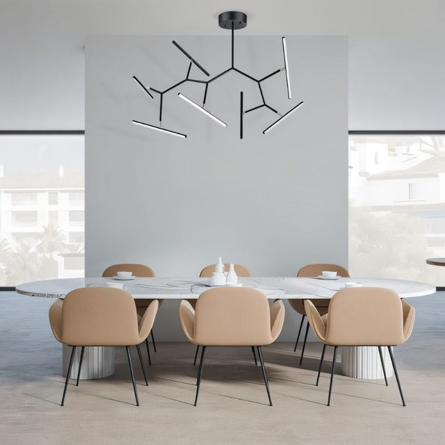 "Minimalistic chandelier with angular arms and LED lights, suspended above a dining table in a sleek modern dining room."