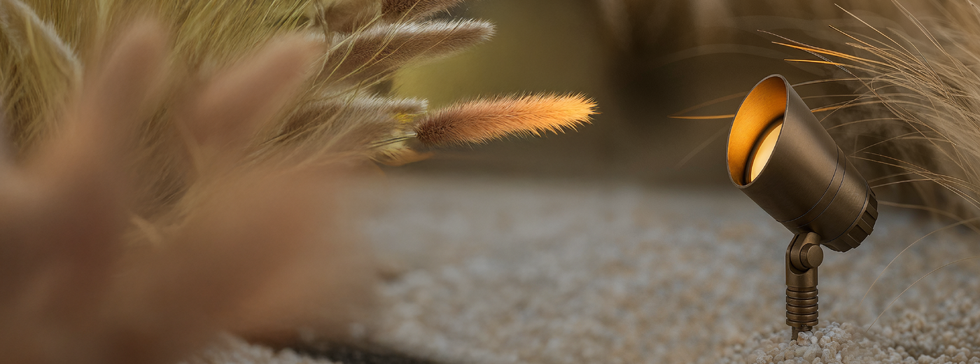 Close-up of the Nexure Outdoor Spotlight embedded in sand with a blurred background
