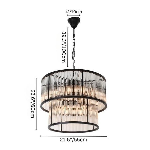 "A two-tiered round chandelier with an iron frame and ribbed glass panels, displaying its dimensions for height, width, and adjustable hanging chain."
