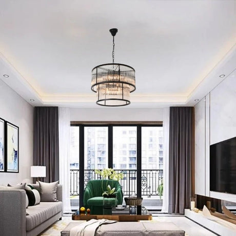 "A sophisticated round chandelier with ribbed glass and an iron frame, beautifully installed in a contemporary living room for a warm and inviting atmosphere."