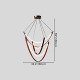 "Modern chandelier with cascading leather and glowing glass arcs, dimension details for interior planning."