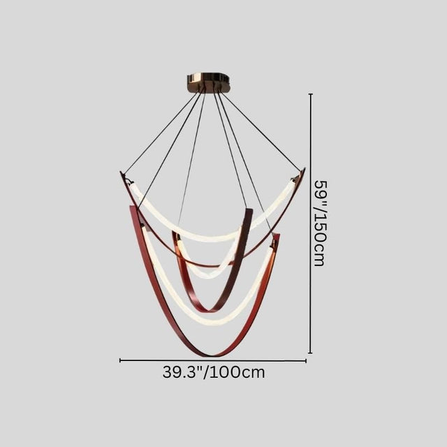 "Chandelier design showcasing dimensions with suspended leather and glowing glass arcs for high ceilings."