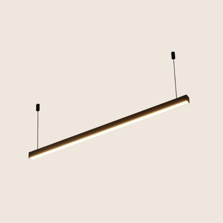 "Linear aluminum pendant light with smooth modern finish, suspended by discreet cables, minimalist design"