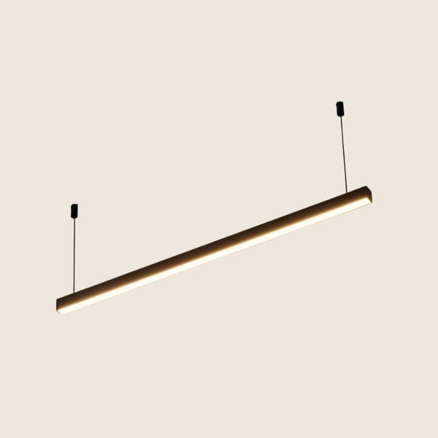 "Linear aluminum pendant light with smooth modern finish, suspended by discreet cables, minimalist design"