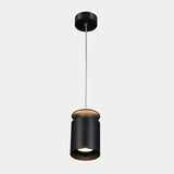 "Close-up of a suspended cylindrical pendant light, matte black aluminum body, golden accents, modern ceiling fixture"