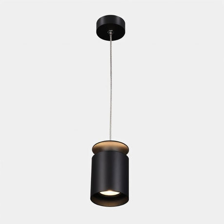 "Close-up of a suspended cylindrical pendant light, matte black aluminum body, golden accents, modern ceiling fixture"