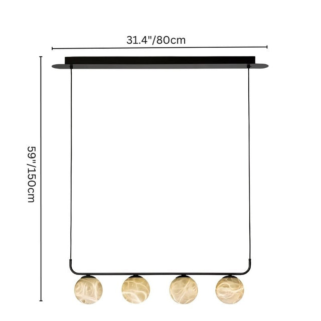 "Ostra pendant lamp with four alabaster spheres, featuring a 31.4''/80cm ceiling mount and 59''/150cm hanging length, adding a contemporary touch to any interior."