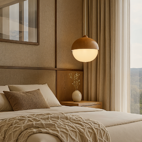 Modern bedroom with wooden headboard, pendant light, and large window.