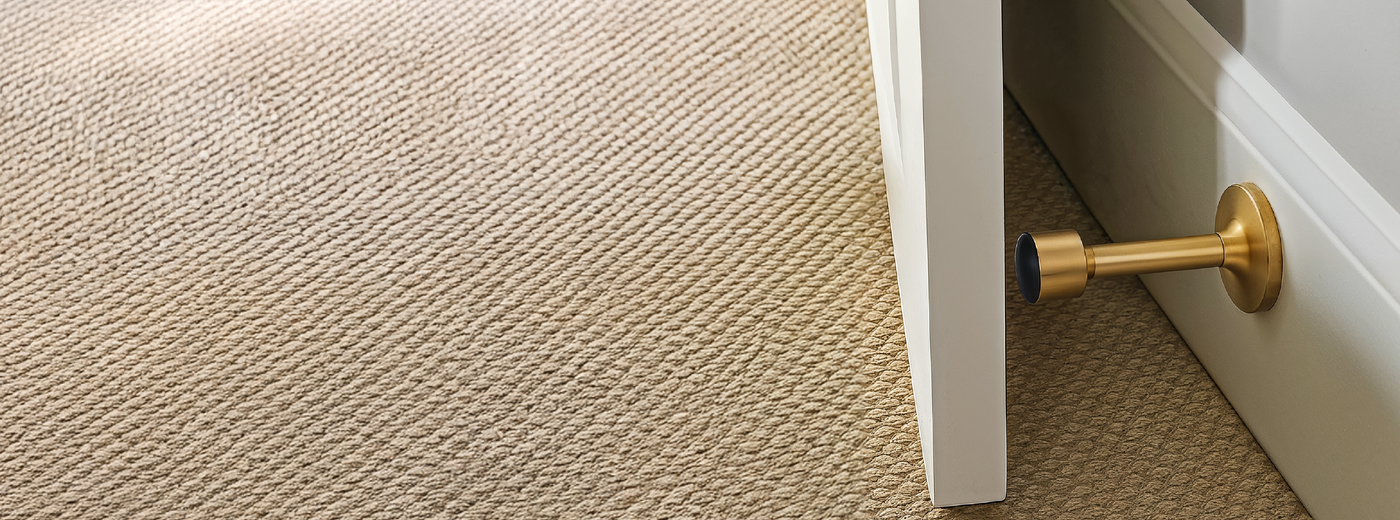 Close-up of the Pesu brass door stopper on a textured beige carpet