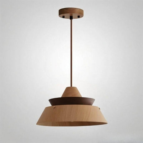 "Wooden pendant light with a layered structure, perfect for contemporary settings, providing a warm and inviting glow."