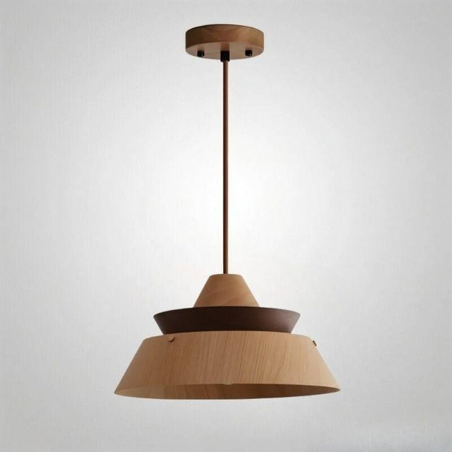 "Wooden pendant light with a layered structure, perfect for contemporary settings, providing a warm and inviting glow."