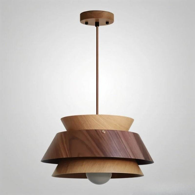 "Pendant light crafted from natural wood materials, designed to emit a warm, ambient glow in modern living spaces."