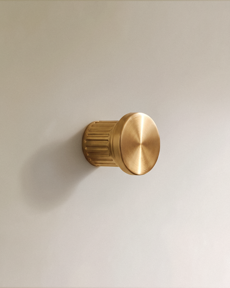 Vestige Cabinet Knob in Satin Brass, on a plain background