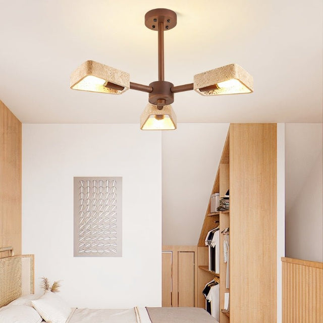 "Ceiling lamp made from natural travertine and wood, featuring geometric elements and providing soft ambient lighting for modern and rustic interiors."