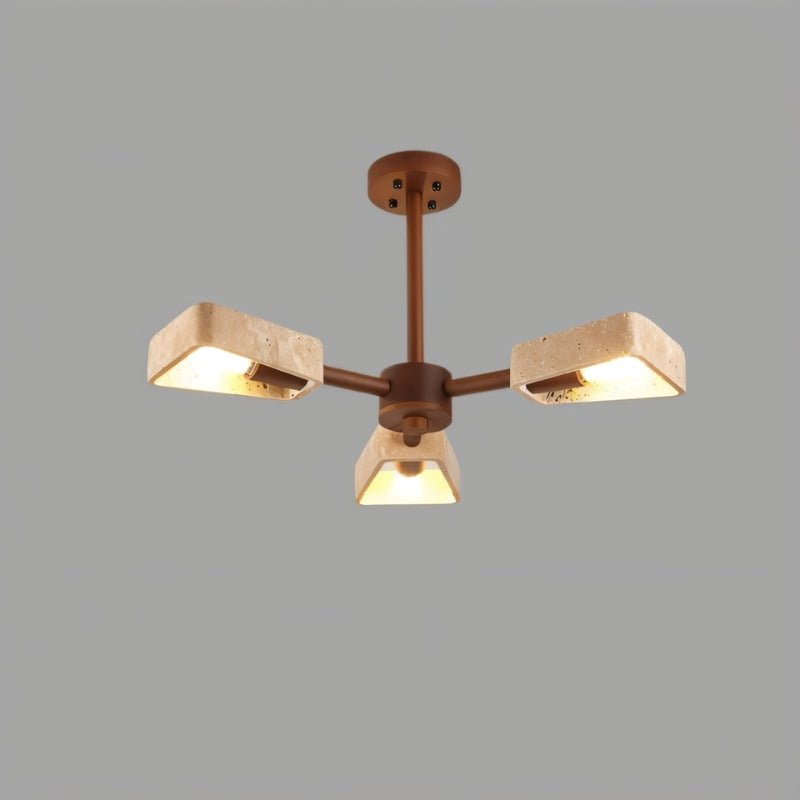 "Ceiling lamp with three square travertine shades, offering soft, warm lighting while complementing minimalist and rustic decor."