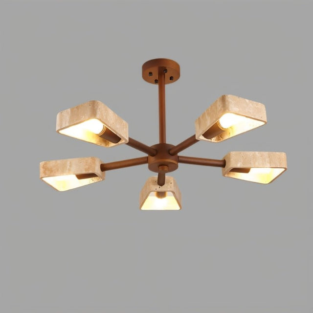 "Modern ceiling lamp featuring five square travertine shades, designed to provide ambient lighting in large living rooms and dining areas."