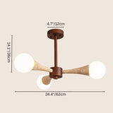 "Three-light ceiling lamp with curved glass shades and wood structure, offering soft ambient lighting"