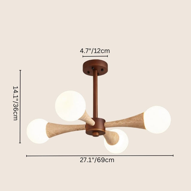 "Four-light ceiling lamp with curved glass diffusers and wooden elements, elegant contemporary design"