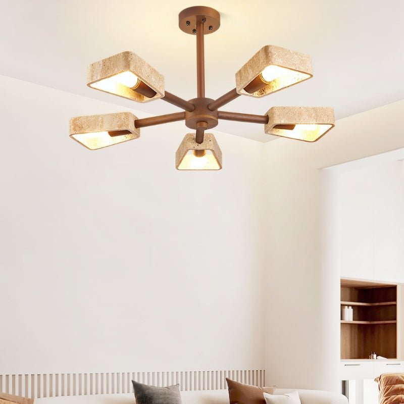 "Riona ceiling lamp featuring a harmonious blend of travertine and wood, perfect for adding a statement to minimalist and contemporary interiors."