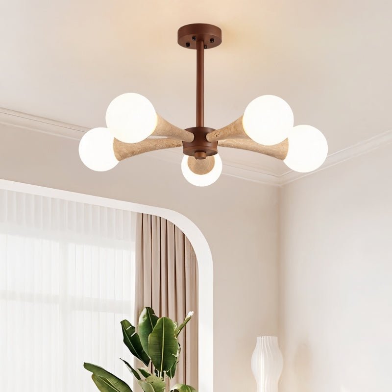 "Natural travertine and wood ceiling lamp providing elegant illumination and a rustic touch to any room decor."