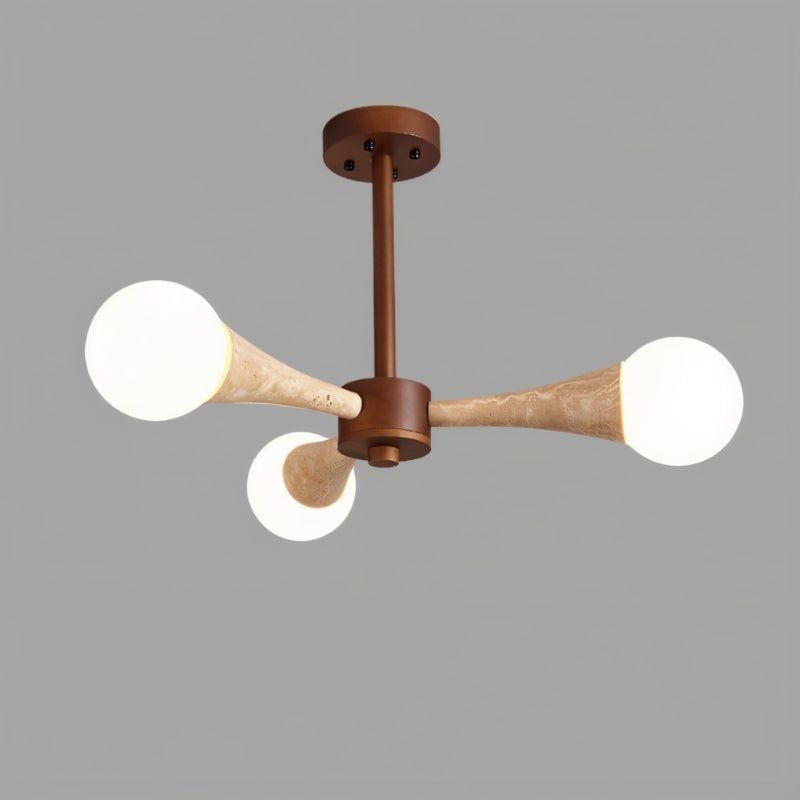 "Modern ceiling lamp with natural travertine and wood materials, offering warm, soft lighting ideal for contemporary bedroom spaces."