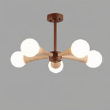 "Ceiling lamp featuring five round bulbs and a balanced structure crafted from natural travertine and wood, providing soft and ambient lighting."