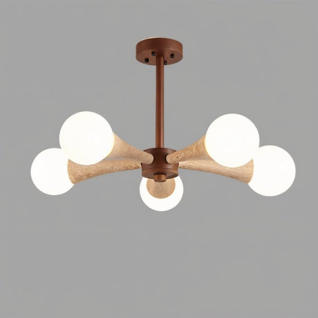 "Ceiling lamp featuring five round bulbs and a balanced structure crafted from natural travertine and wood, providing soft and ambient lighting."