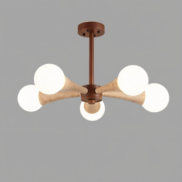 "Ceiling lamp featuring five round bulbs and a balanced structure crafted from natural travertine and wood, providing soft and ambient lighting."