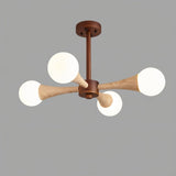 "Elegant ceiling light with four rounded bulbs, made from natural travertine and wood, adding sophistication to modern and rustic interiors."
