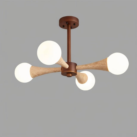 "Elegant ceiling light with four rounded bulbs, made from natural travertine and wood, adding sophistication to modern and rustic interiors."