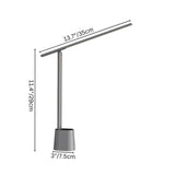 "Dimensions of a modern table lamp made from aluminum and polycarbonate, showing size in centimeters and inches."