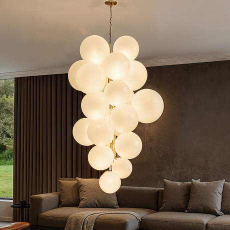 Sensu Chandelier with multiple round lights in a living room setting.