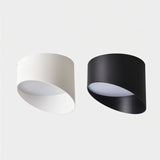 "Pair of black and white cylindrical lights, asymmetric cut, aluminum construction"