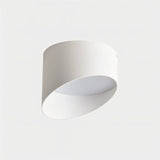 "White cylindrical ceiling light, asymmetric cut, aluminum body, modern design"