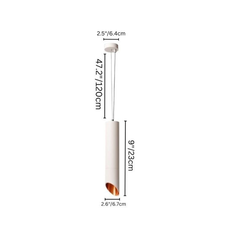 "Pendant light with 9-inch height, minimalist cylindrical design, matte aluminum, precise measurements"