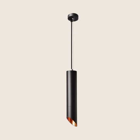 "Modern black pendant light, cylindrical aluminum design, matte finish, minimalist ceiling mount"