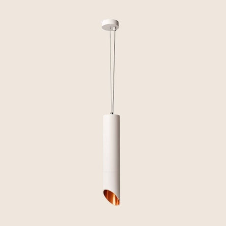 "White cylindrical pendant light, aluminum material, sleek and modern design, matte finish"