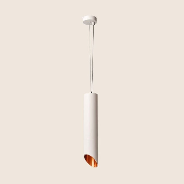 "White cylindrical pendant light, aluminum material, sleek and modern design, matte finish"