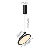 "Large black pendant light with circular LED panel, adjustable height, size details, durable metal and plastic materials"