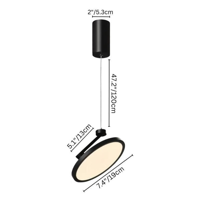 "Large black pendant light with circular LED panel, adjustable height, size details, durable metal and plastic materials"