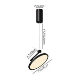 "Small black pendant light with circular LED, adjustable hanging cable, detailed measurements, metal and plastic construction"