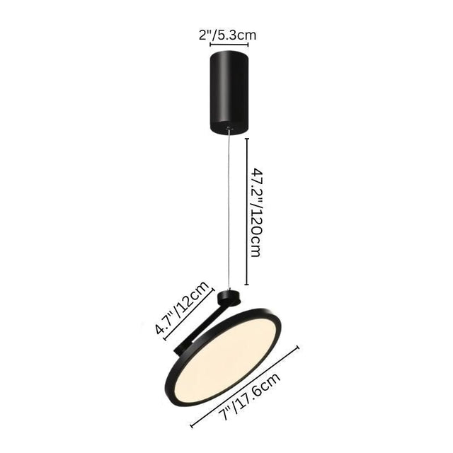 "Small black pendant light with circular LED, adjustable hanging cable, detailed measurements, metal and plastic construction"