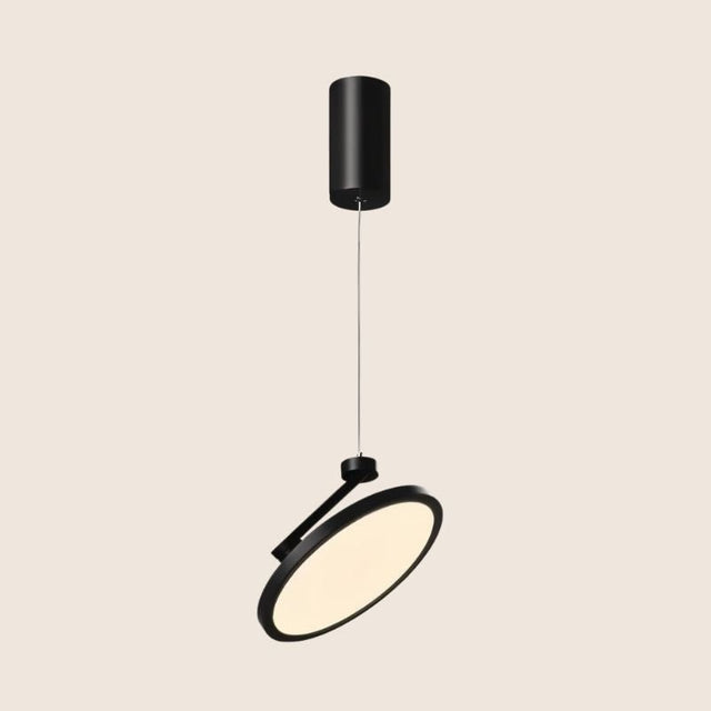 "Modern black pendant light with circular LED panel, minimalist adjustable design, durable metal and plastic materials"