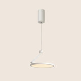 "Sleek white pendant light with circular LED panel, adjustable cable, minimalist and contemporary design, metal and plastic construction"