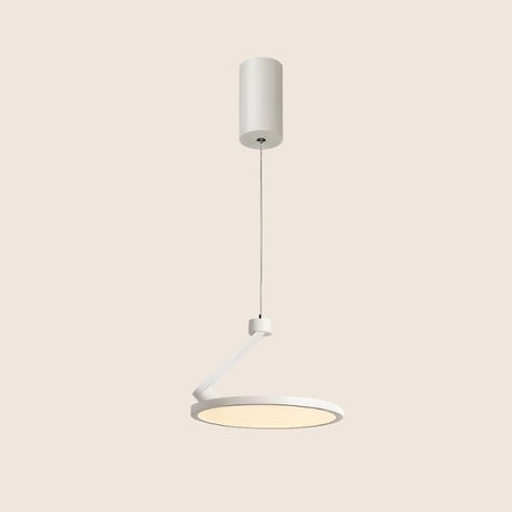 "Sleek white pendant light with circular LED panel, adjustable cable, minimalist and contemporary design, metal and plastic construction"