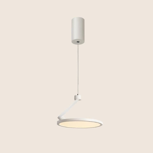 "Sleek white pendant light with circular LED panel, adjustable cable, minimalist and contemporary design, metal and plastic construction"