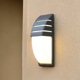 "Weatherproof outdoor wall lamp with horizontal slats, made of durable aluminum, creating a soft warm glow."