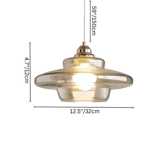 "Dimensions of Thuli pendant light: 12.5'' width, 4.7'' height, and 59'' hanging length, made from glass and iron."