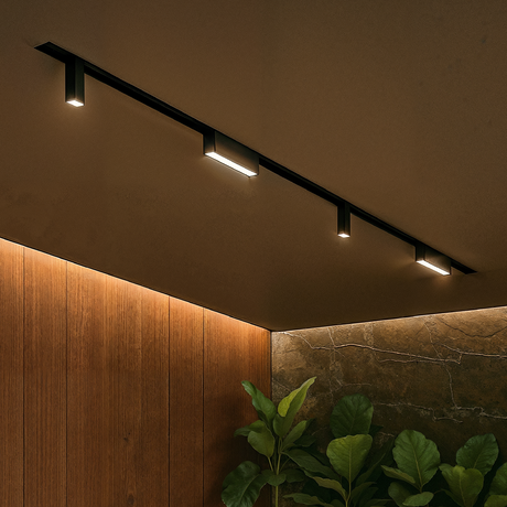 Track Lights in a modern living room with aesthetic, decorative interior plant.